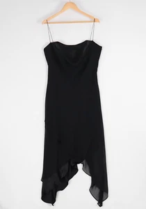 Vestido Studibaker Hawk Vintage Y2K Talla 16 Negro Satinado Gasa Capas Capucha Cuello - Imagen 1 de 14