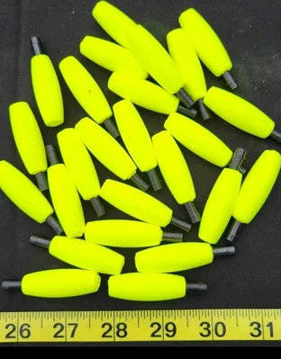 Fishing Floats 1-1/2" Yellow Husky  24 Floats Styrofoam Pegged Cigar Shaped  - Image 1 of 2