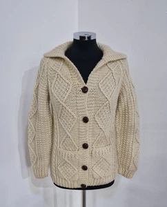 Handknit cream chunky cardigan size 8/10 cable knit hand made wool collared - Picture 1 of 7