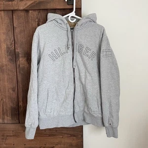 Tommy Hilfiger Mens Full Zip Hoodie Logo Cotton Gray Large Heavyweight Faux Y2K - Picture 1 of 11