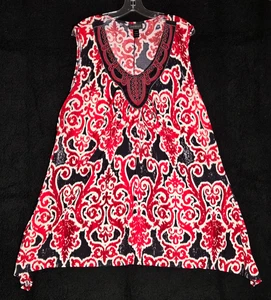 Lane Bryant Gr. 22/24 ärmelloses Tunika Top rot elfenbein schwarz mit Nietenkragen - Bild 1 von 4