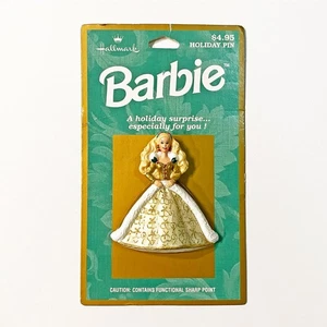 Vintage 1996 Hallmark Barbie Christmas Holiday Pin Brooch Gold & White Ball Gown - Picture 1 of 3
