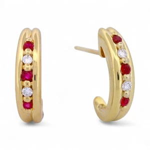 Craig Drake 18k Yellow Gold Ruby Diamond Half Hoop Earrings - Picture 1 of 4