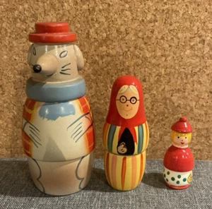 Vintage Poland Little Red Riding Hood Nesting Dolls Set Of 3 - Picture 1 of 12