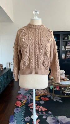 Zara Kid’s Tan cable knit Sweater with Pearl & crystal Accents size 11-12 - Image 1 of 4