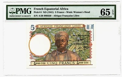 French Equatorial Africa: 5 Francs ND (1941) Pick 6 PMG Gem Uncirculated 65 EPQ - Image 1 of 2