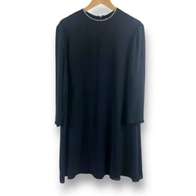 Ellen Tracy Women's 14 Rhinestone Neckline Long Sleeve Midi Dress Black Silk - Image 1 of 4