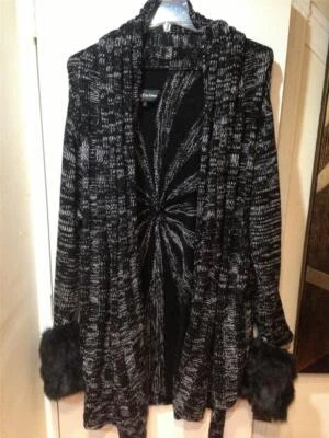 Women's Winter Wool black fur Cowl-Hood Cardigan Sweater coat jacket plus2X3X US - Image 1 of 4
