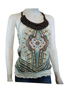 Top Halter Con Cuentas Pequeño Mujer Azteca Elastizado Hippie Moda Marrón Multicolor Boho - Imagen 1 de 12