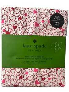 Kate Spade QUEEN Sheet Set 100% Cotton Red PINK Hearts on White 4 piece NEW - Picture 1 of 3