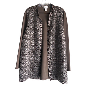 Chico's Women's Cardigan Jacket Coat Size 2 Mesh Panel Leopard Print Long Sleeve
