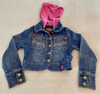 Chaqueta de mezclilla azul Apple Bottoms con capucha rosa, bordado/bling niñas pequeña Foto 1 de 4