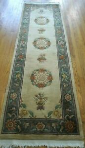2'7"x9' EXCELLENT CHINESE RUNNER HAND KNOTTED WOOL VINTAGE ORIENTAL RUG CLEANED