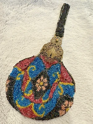 Antique Lined Glass Beaded Handbag Purse Ornate Filigree Metal Frame EXCELLENT - Image 1 of 4