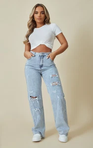 New PrettyLittleThing Washed Distressed Straight Leg Light Blue Jeans size 8 - Picture 1 of 4