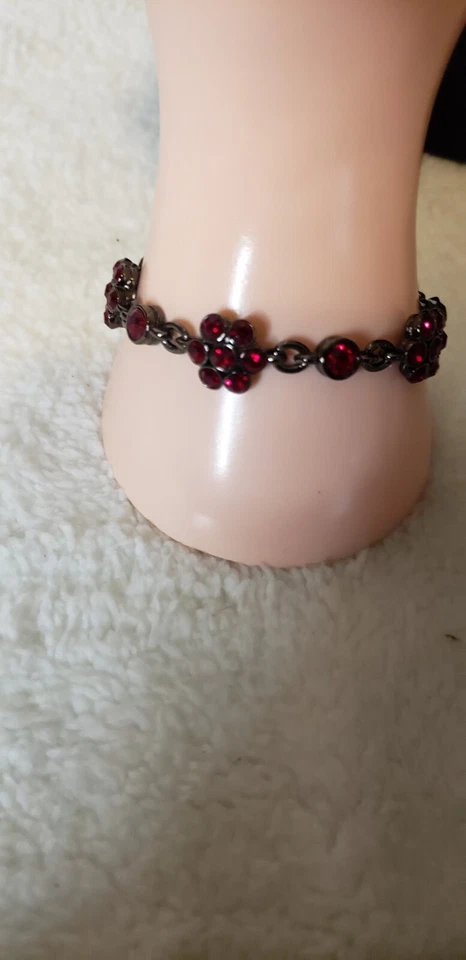 Liz Claiborne Deep Red Rhinestone Bracelet Gun Metal 7 1/2" - Image 1 of 4