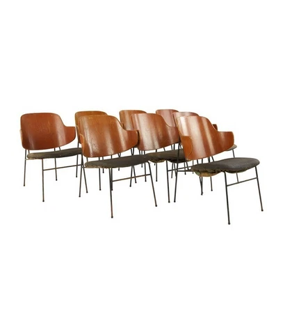 Kofod Larsen Mid Century Penguin Wrought Iron and Bent Plywood Dining Chair Set Cover