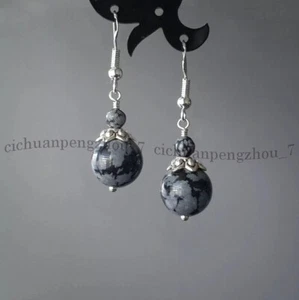 4-10mm Natural Black Snowflake Obsidian Round Gems Beads Dangle Hook Earrings - Picture 1 of 6