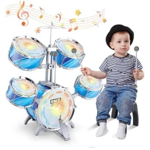 Kids Drum Set Upgraded Kids Jazz Drum Set with 5 High Drums & Lights, Blue - Picture 1 of 7