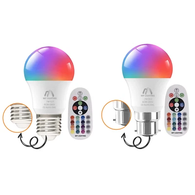 RGB LED Bulbs 7W with Remote – Dimmable + Warm White 3000K | 2 Pack (E27 + B22) - Image 1 of 4