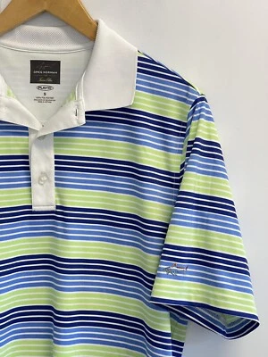 Greg Norman Play Dry Tasso Elba Lime Green Blue Striped Polo Shirt Mens Size S - Image 1 of 4