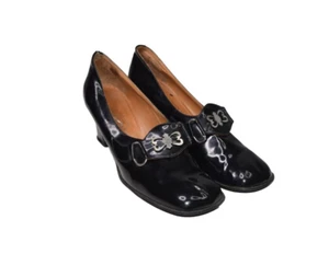 Vintage 70s Pumps Womens 11 Black Patent Leather Butterfly Levis Heels Italy - Picture 1 of 8