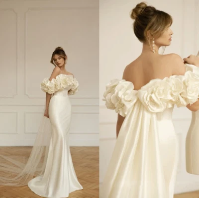 Elegant Off the Shoulder Wedding Dresses Satin Mermaid Bohemian Bridal Gowns - Image 1 of 4