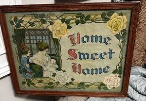 Home Sweet Home Antique Lithograph Print Mother Baby Child Framed Art Deco - Picture 1 of 9