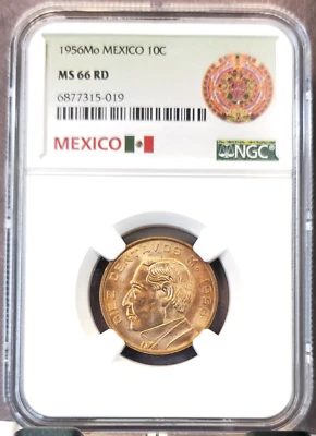 1956 MEXICO 10 CENTAVOS 10C BENITO JUAREZ NGC MS 66 RD EXTREMELY RARE TOP POP - Image 1 of 3