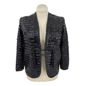 Vintage 70s Black Sequin Jacket Tassel Detail Super Glam Henry Higgins Size M L - Picture 1 of 7