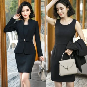 Women Formal Business Suit Blazer Set Career Office Work Wear Uniform Slim Solid - Picture 1 of 17