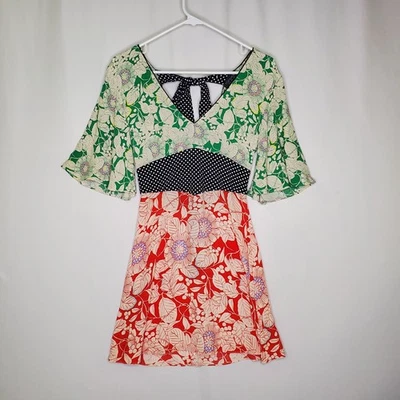 Mini Vestido Topshop Empire 0 Abierto Abierto Lazo Bloque de Color Floral Manga Corta Campana Foto 1 de 4