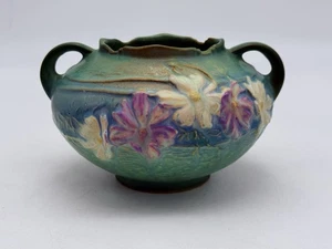 Roseville Pottery Cosmos Flower Vase Handled Bowl 7”x4.5” Green & Pastel Floral - Picture 1 of 13