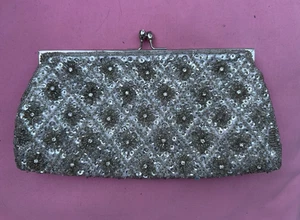 Bolso sin asas Carlo Fellini vintage plateado con cuentas lentejuelas bolso de noche formal glamour - Imagen 1 de 6