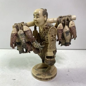 Japanese Bone Carved Figure of a Fisherman & Fish Excellent Shape No Reserve Auc - Picture 1 of 13