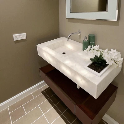 Lavabo de baño flotante de cuarzo blanco de 36 x 24 x 7" tallado a mano con piedras preciosas Foto 1 de 4