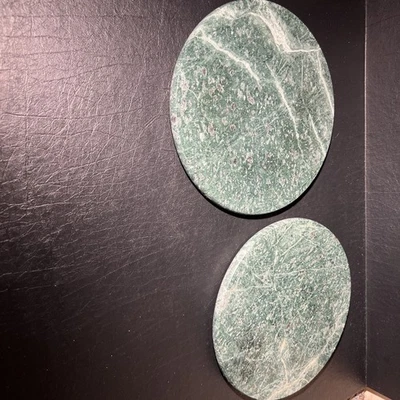 Set of 2 Vintage Green Marble Round Stone Plates – 9” Decorative Serving Trays - Image 1 of 4