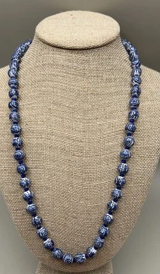 Vintage Chinese Porcelain Bead Necklaces Blue/white painted Gold color Clasp 25" - Image 1 of 4