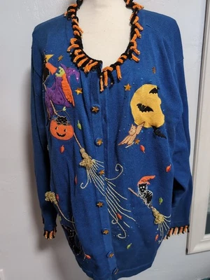 Quacker 工厂尺寸 3X 万圣节女巫蝙蝠黑色猫开衫毛衣 120425C — 第 1/4 张图片