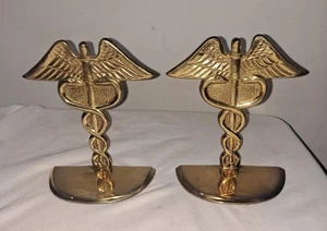 Vintage Brass Caduceus Medical Bookends 6" In - Picture 1 of 8