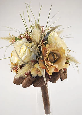 Unique and Gorgeous Wedding Bouquet Silk Flowers, Foliage and Brown Ribbon - Image 1 of 4