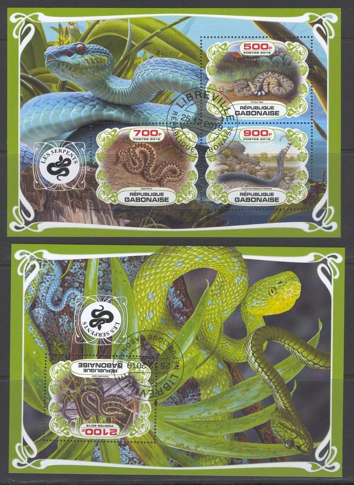 GABON 2019 LES SERPENTS SNAKES REPTILES WILD ANIMALS PREHISTO STAMPS CTO LOLLINI - Image 1 of 1
