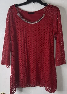 Brittany Black Dark Red Crochet Lace 3/4 Sleeve Tunic Blouse Womens Size Large - Picture 1 of 7