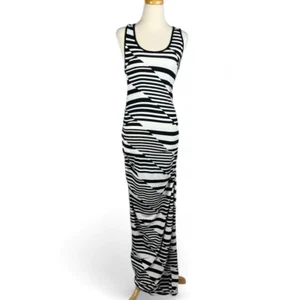 Bebe Maxi Dress Womens Medium Stripe Racerback Black & White Ruched Sides - Picture 1 of 11