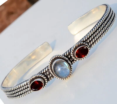 Brazalete brazalete de plata de ley 925 con piedras preciosas talladas en labradorita y granate bonita joyería Foto 1 de 4