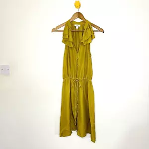 Ann Taylor Loft 100% Silk Dress Mustard Yellow Ruffle Drawstring Size US 6 UK 10 - Picture 1 of 8