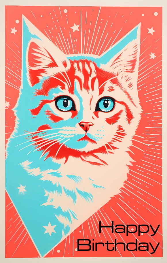Tarjeta de felicitación Gato amante feliz cumpleaños blanco azul rojo estrella  Foto 1 de 2
