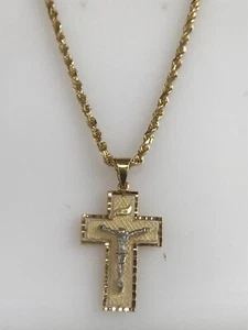 14k Yellow Gold 2.5mm Rope Chain & 2 Tone Cross Crucifix Necklace MAKE OFFER! - Picture 1 of 12