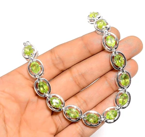 Natural Peridot Gemstone Ethnic Handmade Jewelry 925 Sterling Silver Bracelet 7" - Picture 1 of 2