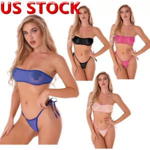 Damen Badeanzug Transparent Netz Trägerlos Bandeau Bikini BH Tops mit Tangas Set - Bild 1 von 53